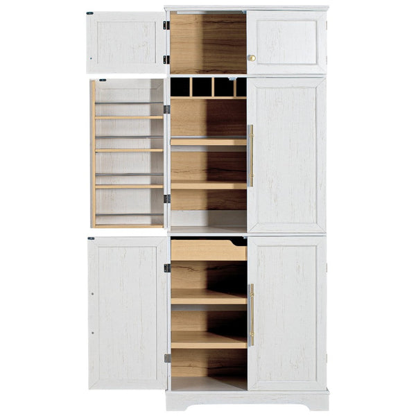 English Elm K&k Farmhouse Pantry Cabinet Retro Style with Wine Rack Hidden Drawer and Adjustable Shelves White N707S356567W