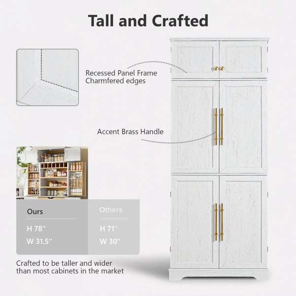 English Elm K&k Farmhouse Pantry Cabinet Retro Style with Wine Rack Hidden Drawer and Adjustable Shelves White N707S356567W