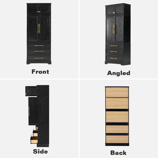 English Elm K&k Tall Farmhouse Pantry Cabinet with Gold Accents Three Drawers and Adjustable Shelves Black N707S356569B