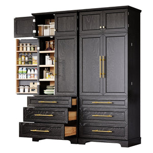 English Elm K&k Tall Farmhouse Pantry Cabinet with Gold Accents Three Drawers and Adjustable Shelves Black N707S356569B