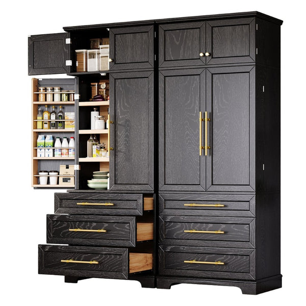 English Elm K&k Tall Farmhouse Pantry Cabinet with Gold Accents Three Drawers and Adjustable Shelves Black N707S356569B