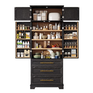 English Elm K&k Tall Farmhouse Pantry Cabinet with Gold Accents Three Drawers and Adjustable Shelves Black N707S356569B