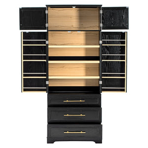 English Elm K&k Tall Farmhouse Pantry Cabinet with Gold Accents Three Drawers and Adjustable Shelves Black N707S356569B