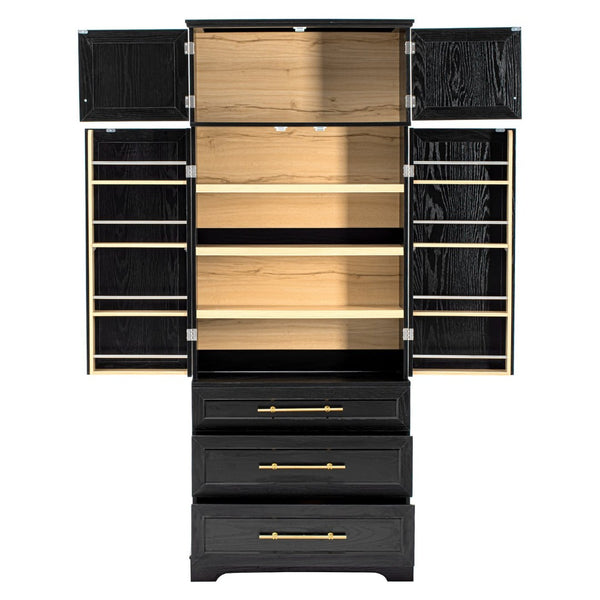 English Elm K&k Tall Farmhouse Pantry Cabinet with Gold Accents Three Drawers and Adjustable Shelves Black N707S356569B