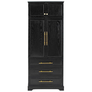 English Elm K&k Tall Farmhouse Pantry Cabinet with Gold Accents Three Drawers and Adjustable Shelves Black N707S356569B