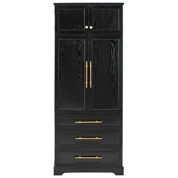 English Elm K&k Tall Farmhouse Pantry Cabinet with Gold Accents Three Drawers and Adjustable Shelves Black N707S356569B