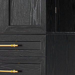 English Elm K&k Tall Farmhouse Pantry Cabinet with Gold Accents Three Drawers and Adjustable Shelves Black N707S356569B