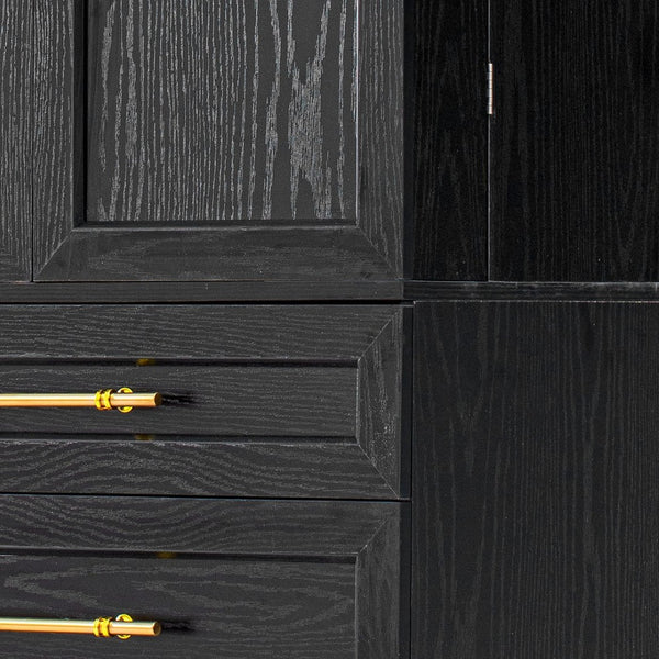 English Elm K&k Tall Farmhouse Pantry Cabinet with Gold Accents Three Drawers and Adjustable Shelves Black N707S356569B