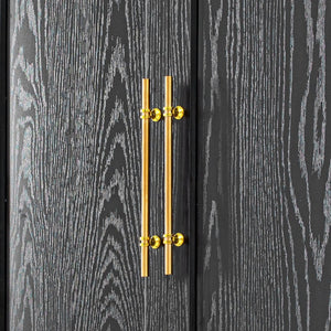 English Elm K&k Tall Farmhouse Pantry Cabinet with Gold Accents Three Drawers and Adjustable Shelves Black N707S356569B