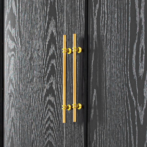 English Elm K&k Tall Farmhouse Pantry Cabinet with Gold Accents Three Drawers and Adjustable Shelves Black N707S356569B
