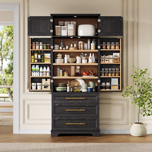 English Elm K&k Tall Farmhouse Pantry Cabinet with Gold Accents Three Drawers and Adjustable Shelves Black N707S356569B