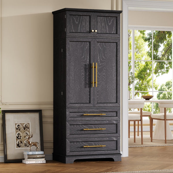 English Elm K&k Tall Farmhouse Pantry Cabinet with Gold Accents Three Drawers and Adjustable Shelves Black N707S356569B