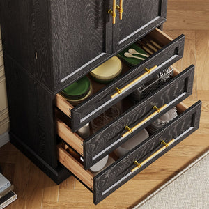 English Elm K&k Tall Farmhouse Pantry Cabinet with Gold Accents Three Drawers and Adjustable Shelves Black N707S356569B