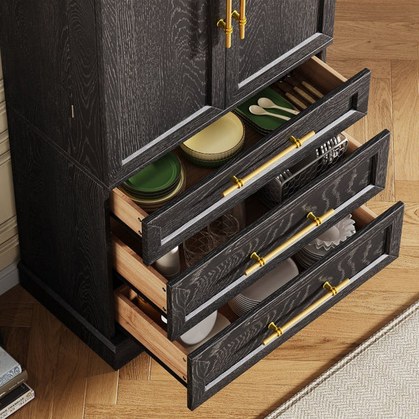English Elm K&k Tall Farmhouse Pantry Cabinet with Gold Accents Three Drawers and Adjustable Shelves Black N707S356569B