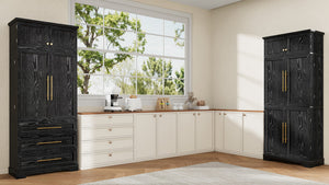 English Elm K&k Tall Farmhouse Pantry Cabinet with Gold Accents Three Drawers and Adjustable Shelves Black N707S356569B