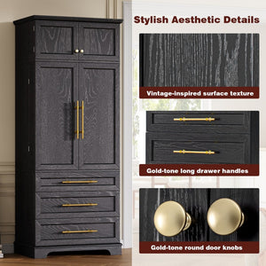 English Elm K&k Tall Farmhouse Pantry Cabinet with Gold Accents Three Drawers and Adjustable Shelves Black N707S356569B