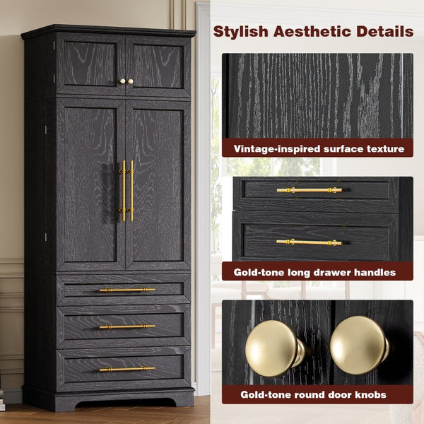 English Elm K&k Tall Farmhouse Pantry Cabinet with Gold Accents Three Drawers and Adjustable Shelves Black N707S356569B