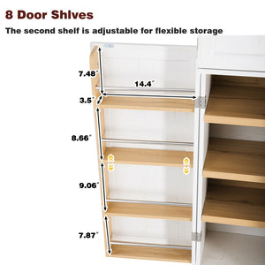 English Elm K&k Tall Farmhouse Pantry Cabinet with Gold Accents Three Drawers and Adjustable Shelves White N707S356569W