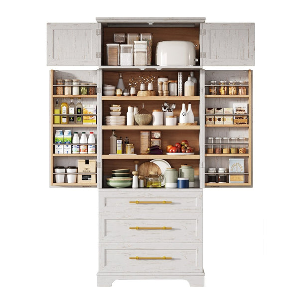 English Elm K&k Tall Farmhouse Pantry Cabinet with Gold Accents Three Drawers and Adjustable Shelves White N707S356569W