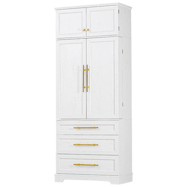 English Elm K&k Tall Farmhouse Pantry Cabinet with Gold Accents Three Drawers and Adjustable Shelves White N707S356569W