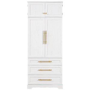 English Elm K&k Tall Farmhouse Pantry Cabinet with Gold Accents Three Drawers and Adjustable Shelves White N707S356569W