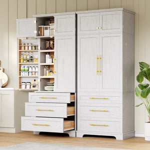 English Elm K&k Tall Farmhouse Pantry Cabinet with Gold Accents Three Drawers and Adjustable Shelves White N707S356569W
