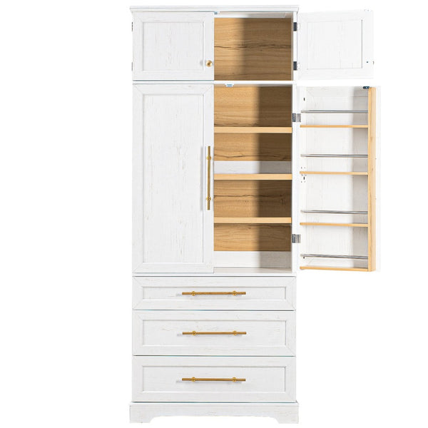 English Elm K&k Tall Farmhouse Pantry Cabinet with Gold Accents Three Drawers and Adjustable Shelves White N707S356569W