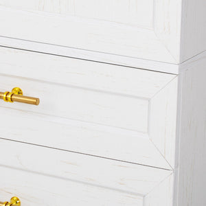 English Elm K&k Tall Farmhouse Pantry Cabinet with Gold Accents Three Drawers and Adjustable Shelves White N707S356569W