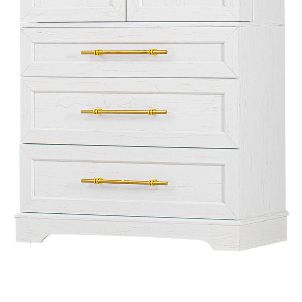 English Elm K&k Tall Farmhouse Pantry Cabinet with Gold Accents Three Drawers and Adjustable Shelves White N707S356569W