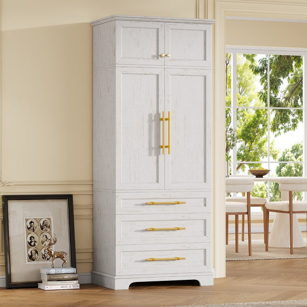 English Elm K&k Tall Farmhouse Pantry Cabinet with Gold Accents Three Drawers and Adjustable Shelves White N707S356569W