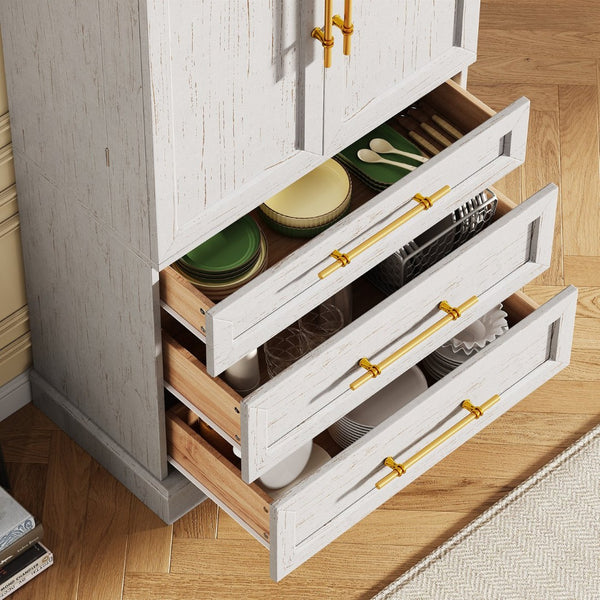 English Elm K&k Tall Farmhouse Pantry Cabinet with Gold Accents Three Drawers and Adjustable Shelves White N707S356569W