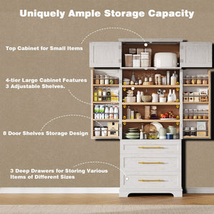 English Elm K&k Tall Farmhouse Pantry Cabinet with Gold Accents Three Drawers and Adjustable Shelves White N707S356569W