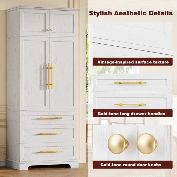 English Elm K&k Tall Farmhouse Pantry Cabinet with Gold Accents Three Drawers and Adjustable Shelves White N707S356569W