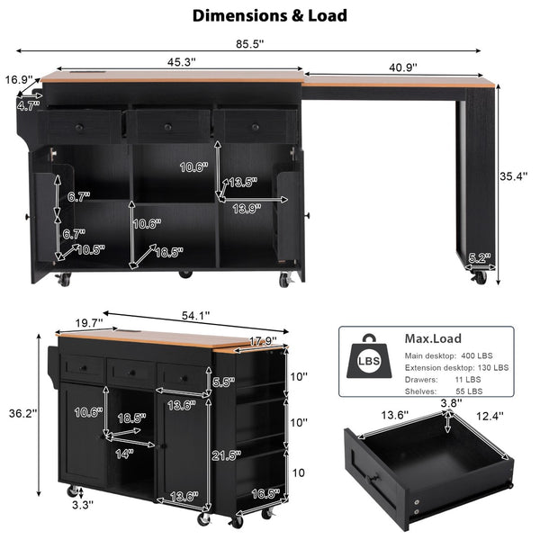 English Elm K&k Rolling Kitchen Island with Extendable Table Built-in Outlets and Layered Storage Black N707S360278B