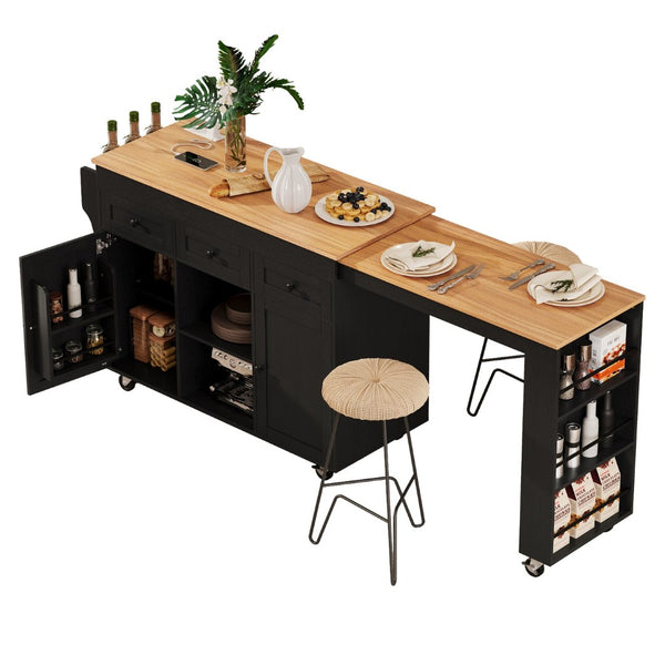 English Elm K&k Rolling Kitchen Island with Extendable Table Built-in Outlets and Layered Storage Black N707S360278B