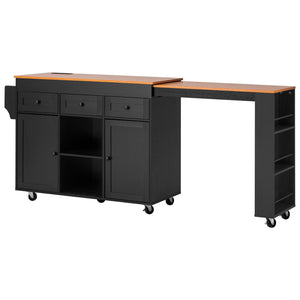 English Elm K&k Rolling Kitchen Island with Extendable Table Built-in Outlets and Layered Storage Black N707S360278B
