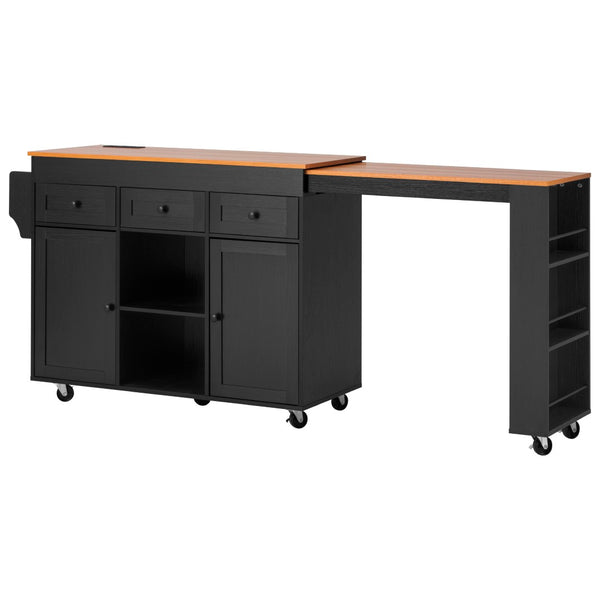 English Elm K&k Rolling Kitchen Island with Extendable Table Built-in Outlets and Layered Storage Black N707S360278B