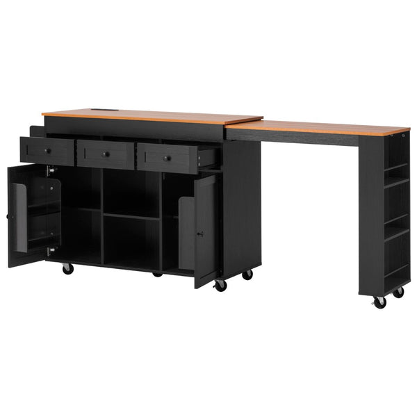 English Elm K&k Rolling Kitchen Island with Extendable Table Built-in Outlets and Layered Storage Black N707S360278B
