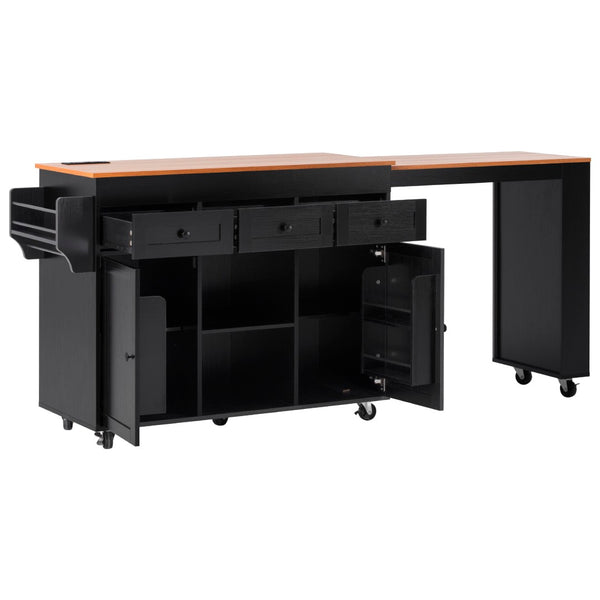English Elm K&k Rolling Kitchen Island with Extendable Table Built-in Outlets and Layered Storage Black N707S360278B
