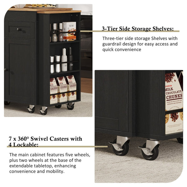 English Elm K&k Rolling Kitchen Island with Extendable Table Built-in Outlets and Layered Storage Black N707S360278B