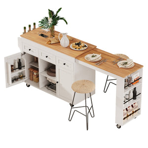 English Elm K&k Rolling Kitchen Island with Extendable Table Built-in Outlets and Layered Storage White N707S360278W