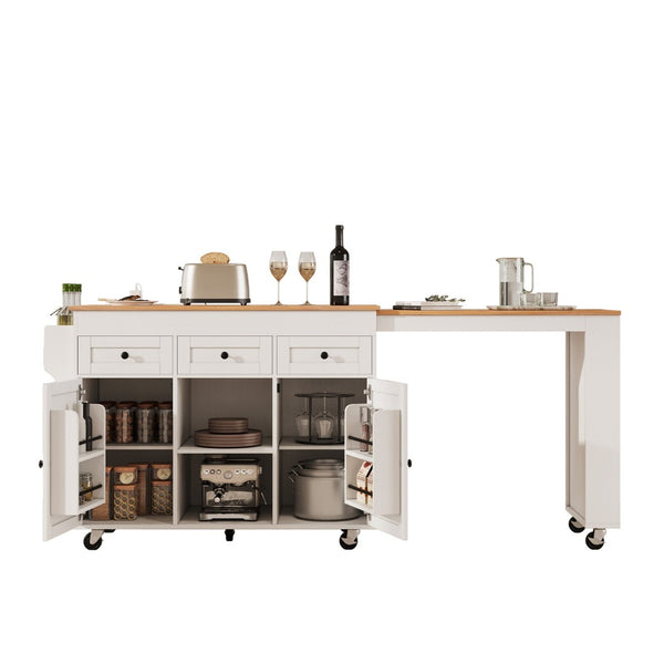 English Elm K&k Rolling Kitchen Island with Extendable Table Built-in Outlets and Layered Storage White N707S360278W
