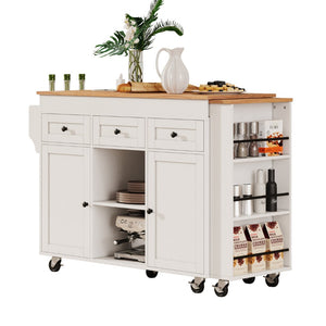 English Elm K&k Rolling Kitchen Island with Extendable Table Built-in Outlets and Layered Storage White N707S360278W