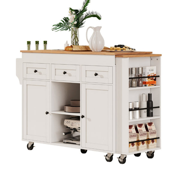 English Elm K&k Rolling Kitchen Island with Extendable Table Built-in Outlets and Layered Storage White N707S360278W