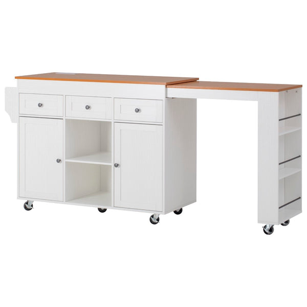 English Elm K&k Rolling Kitchen Island with Extendable Table Built-in Outlets and Layered Storage White N707S360278W