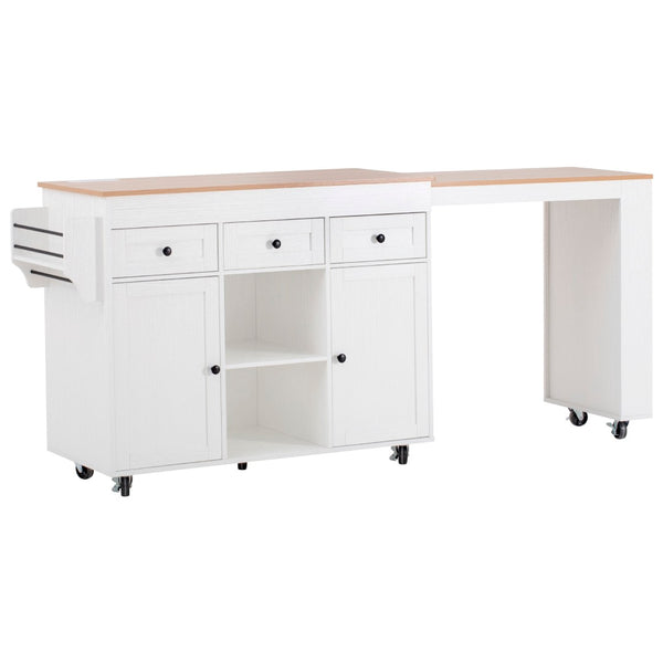 English Elm K&k Rolling Kitchen Island with Extendable Table Built-in Outlets and Layered Storage White N707S360278W