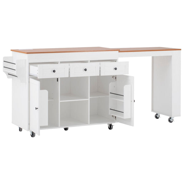 English Elm K&k Rolling Kitchen Island with Extendable Table Built-in Outlets and Layered Storage White N707S360278W