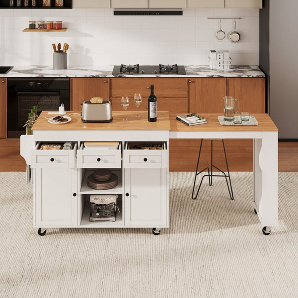 English Elm K&k Rolling Kitchen Island with Extendable Table Built-in Outlets and Layered Storage White N707S360278W