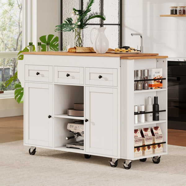 English Elm K&k Rolling Kitchen Island with Extendable Table Built-in Outlets and Layered Storage White N707S360278W
