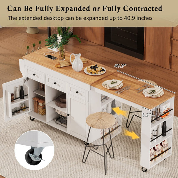 English Elm K&k Rolling Kitchen Island with Extendable Table Built-in Outlets and Layered Storage White N707S360278W